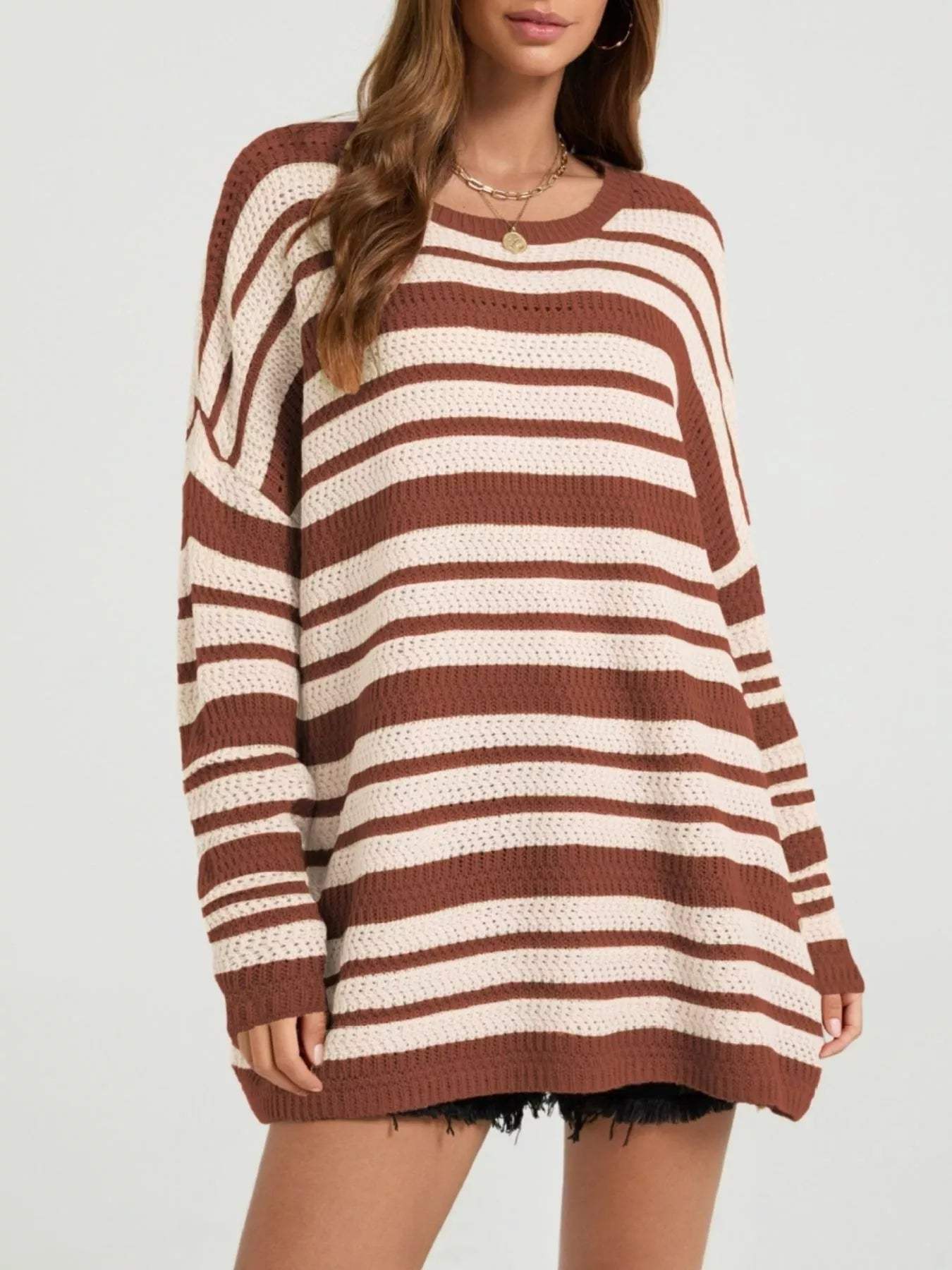 Striped Drop Shoulder Sweater - Trendsi - Flyclothing LLC