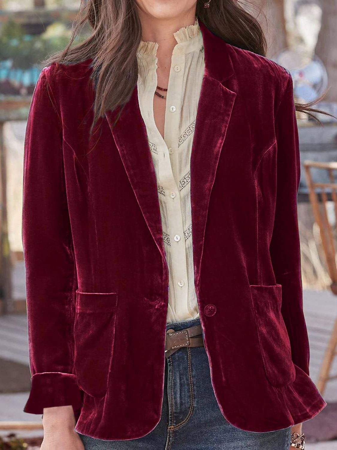 Pocketed Button Up Lapel Collar Blazer - Trendsi - Flyclothing LLC