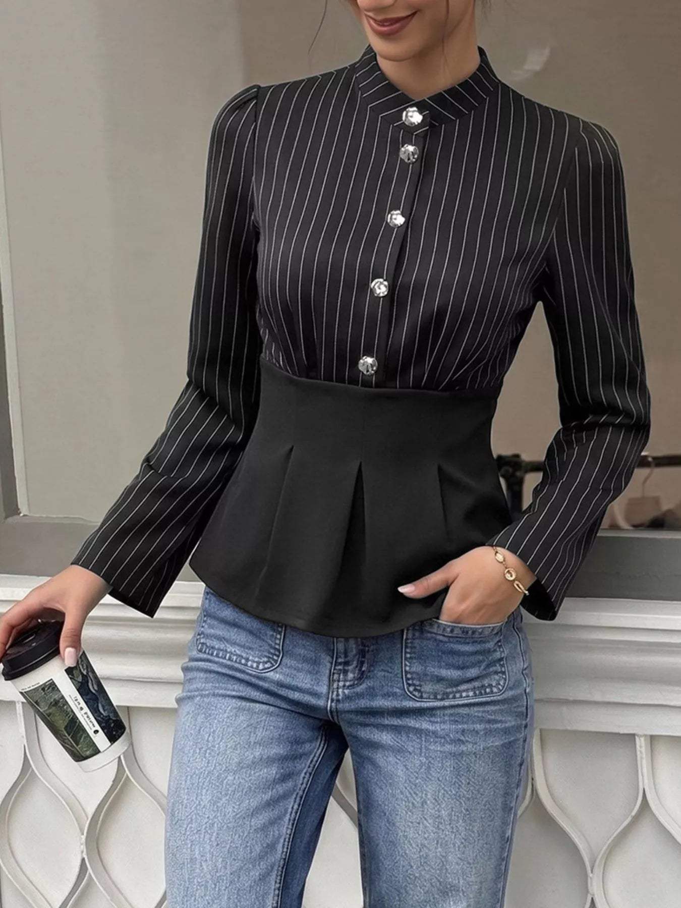Striped Long Sleeve Peplum Blouse - Trendsi - Flyclothing LLC