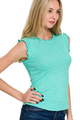 Zenana Ribbed Ruffle Trim Sleeveless Stripe Top - Trendsi - Flyclothing LLC