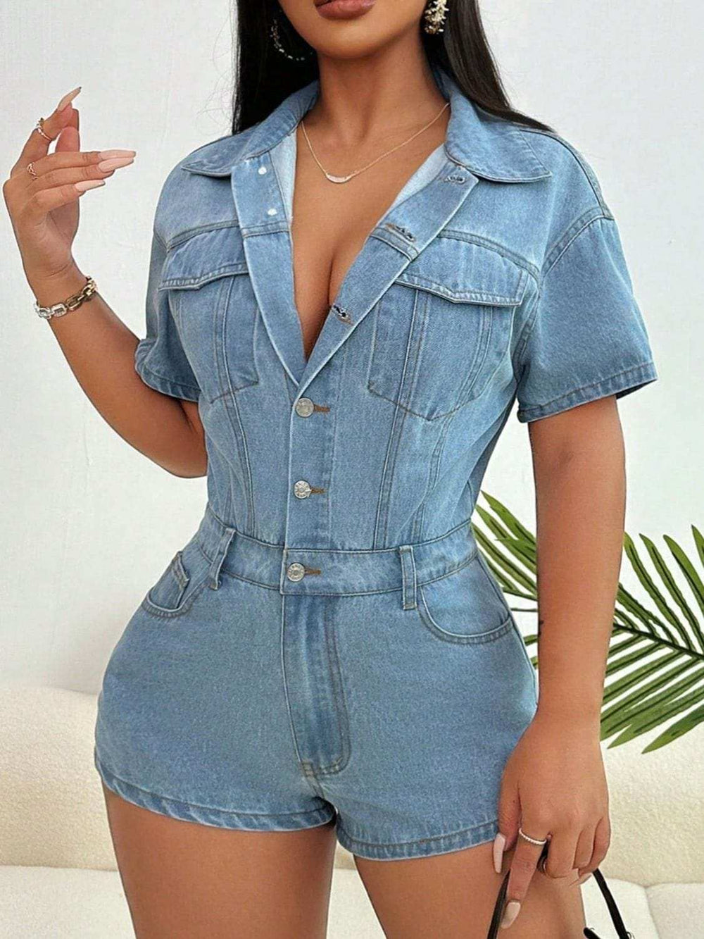 Collared Neck Short Sleeve Denim Romper - Trendsi - Flyclothing LLC