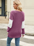 Contrast V-Neck Long Sleeve T-Shirt - Trendsi