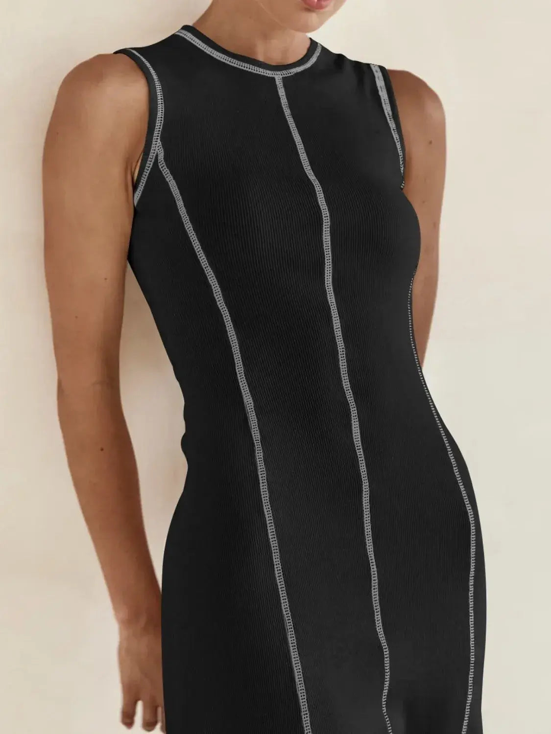 Contrast Stitching Round Neck Sleeveless Midi Dress - Trendsi - Flyclothing LLC