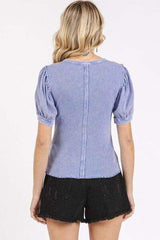 Mittoshop Mineral Wash Puff Sleeve Rib Knit Top - Trendsi - Flyclothing LLC