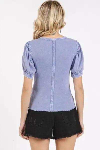 Mittoshop Mineral Wash Puff Sleeve Rib Knit Top - Trendsi - Flyclothing LLC