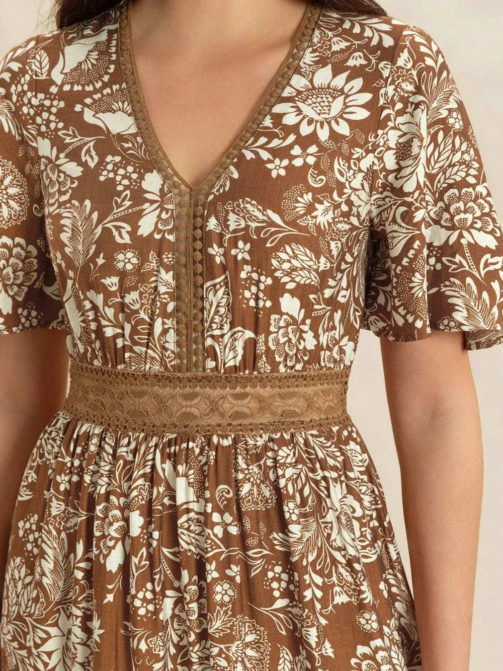 Lace Detail Printed Short Sleeve Midi Dress - Trendsi - Flyclothing LLC