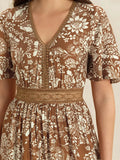 Lace Detail Printed Short Sleeve Midi Dress - Trendsi