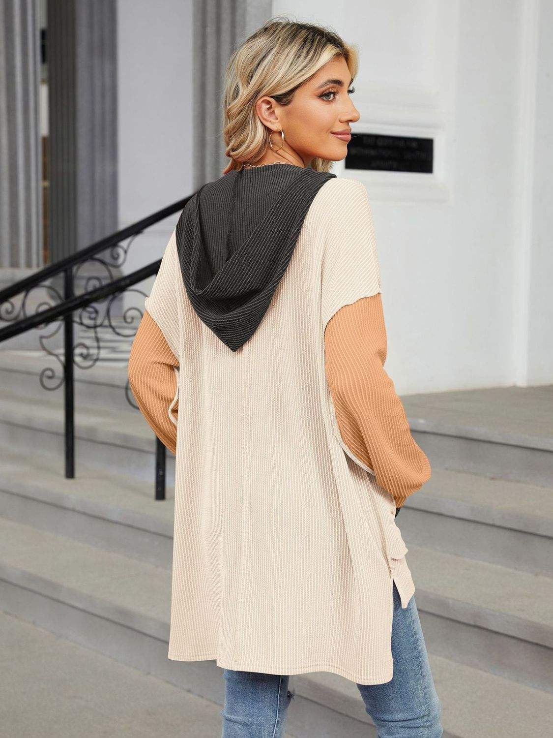 Double Take Contrast Hooded Long Sleeve Top - Trendsi - Flyclothing LLC