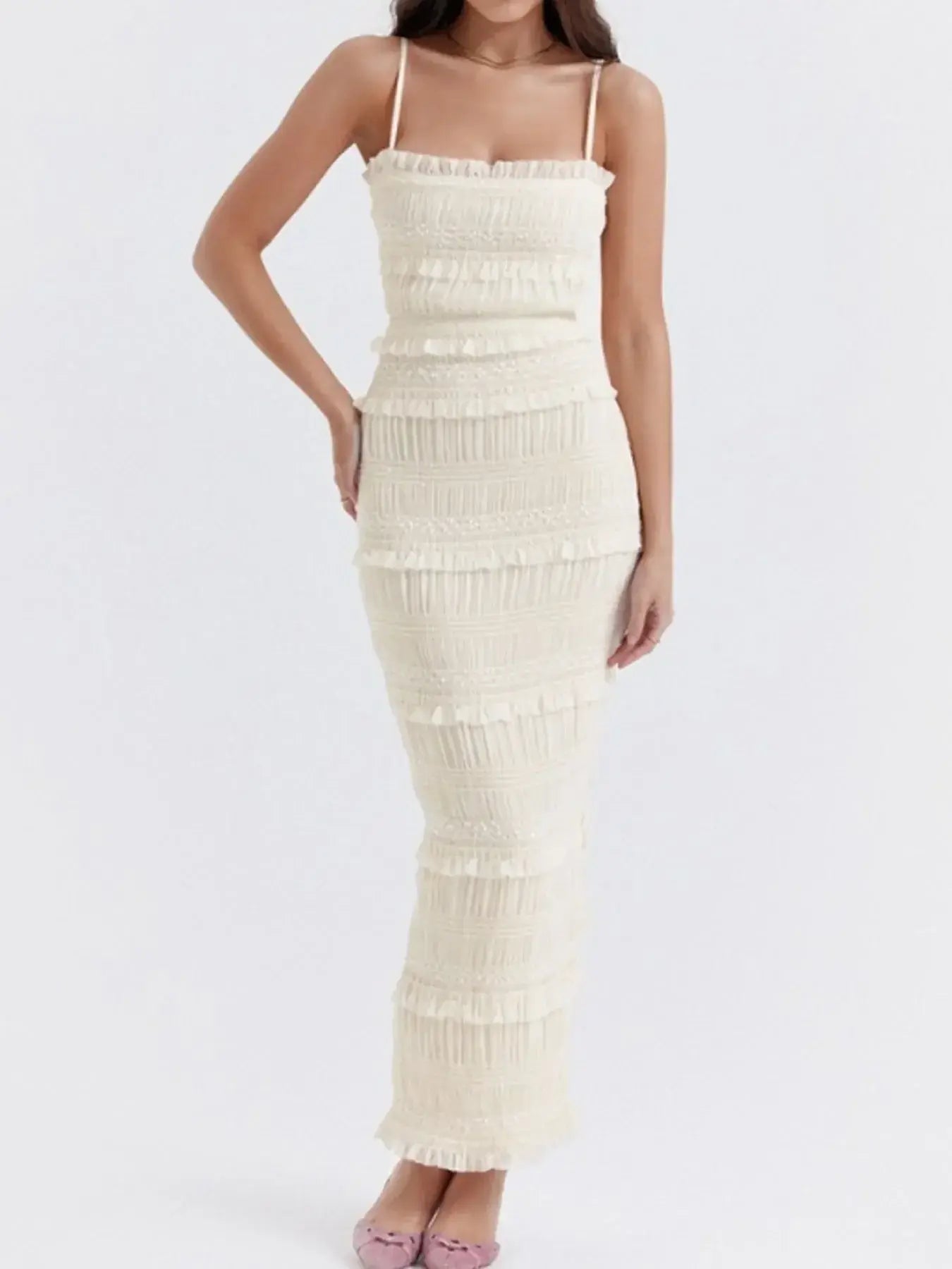 Frill Tiered Textured Maxi Cami Dress - Trendsi - Flyclothing LLC
