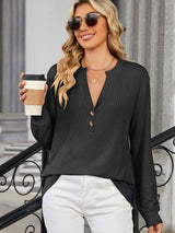 Striped Notched Long Sleeve T-Shirt - Trendsi - Flyclothing LLC