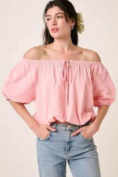 Mittoshop Linen Two-Way Short Sleeve Crop Blouse - Trendsi - Flyclothing LLC