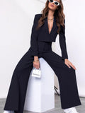 Lapel Collar Cropped Top and Wide Leg Pants Set - Trendsi