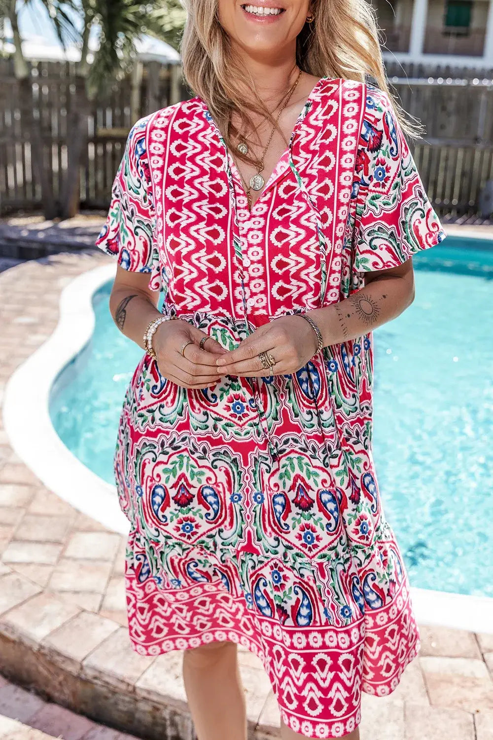 Printed Tie Neck Short Sleeve Dress - Trendsi - Flyclothing LLC