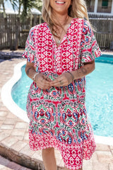 Printed Tie Neck Short Sleeve Dress - Trendsi - Flyclothing LLC