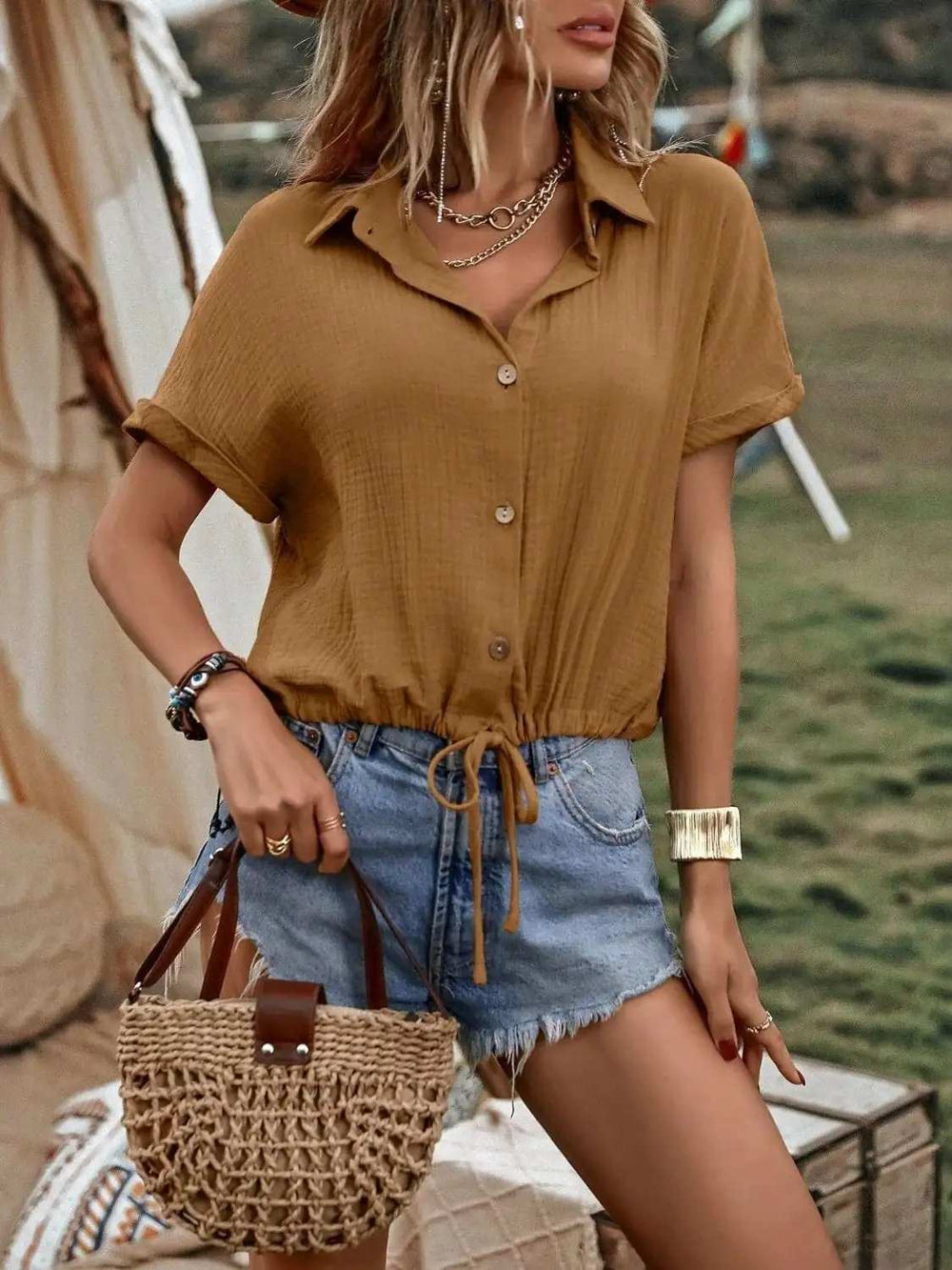 Drawstring Button Up Short Sleeve Blouse - Trendsi - Flyclothing LLC