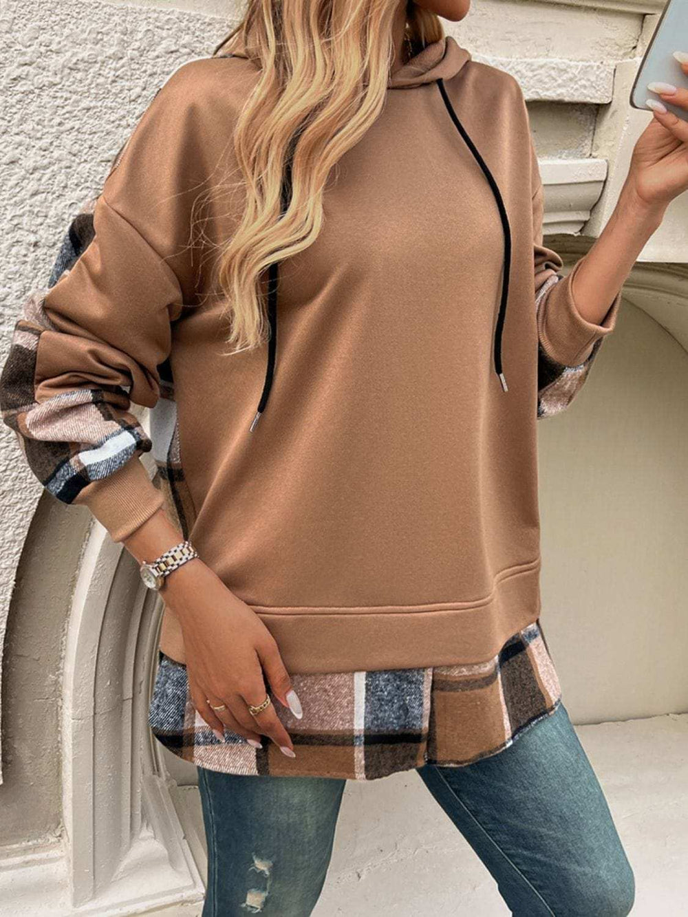 Devine Drawstring Plaid Long Sleeve Hoodie - Trendsi - Flyclothing LLC