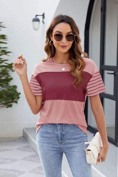 Color Block Round Neck Short Sleeve T-Shirt - Trendsi - Flyclothing LLC