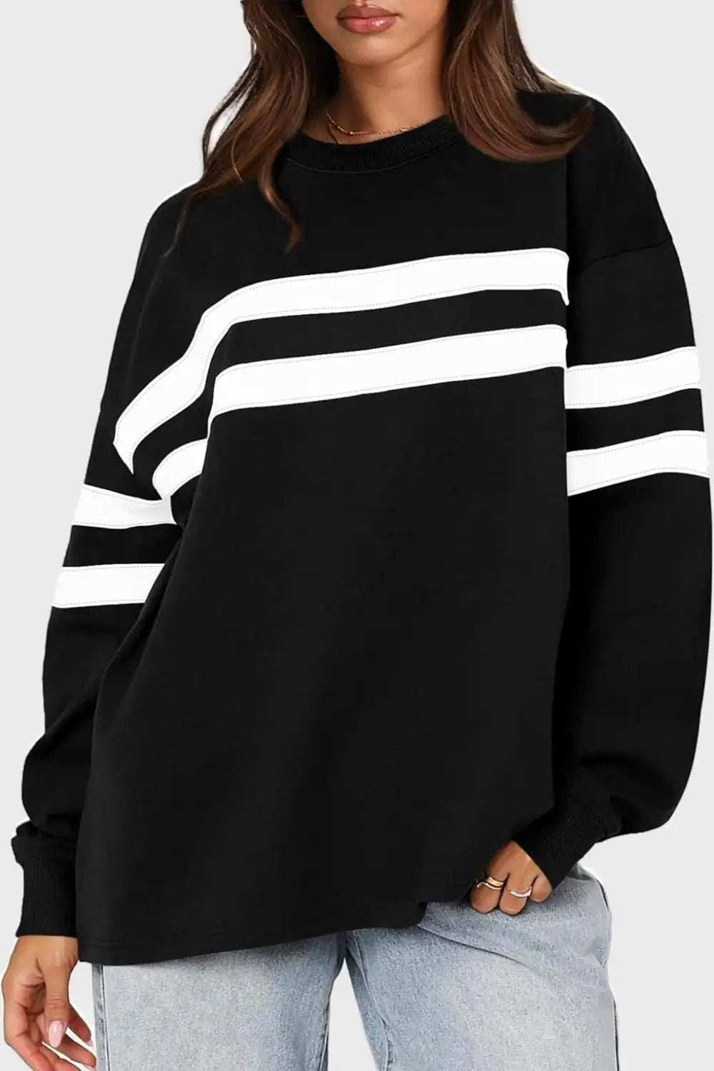 Lovelet Striped Round Neck Dropped Shoulder Sweatshirt - Trendsi - Flyclothing LLC