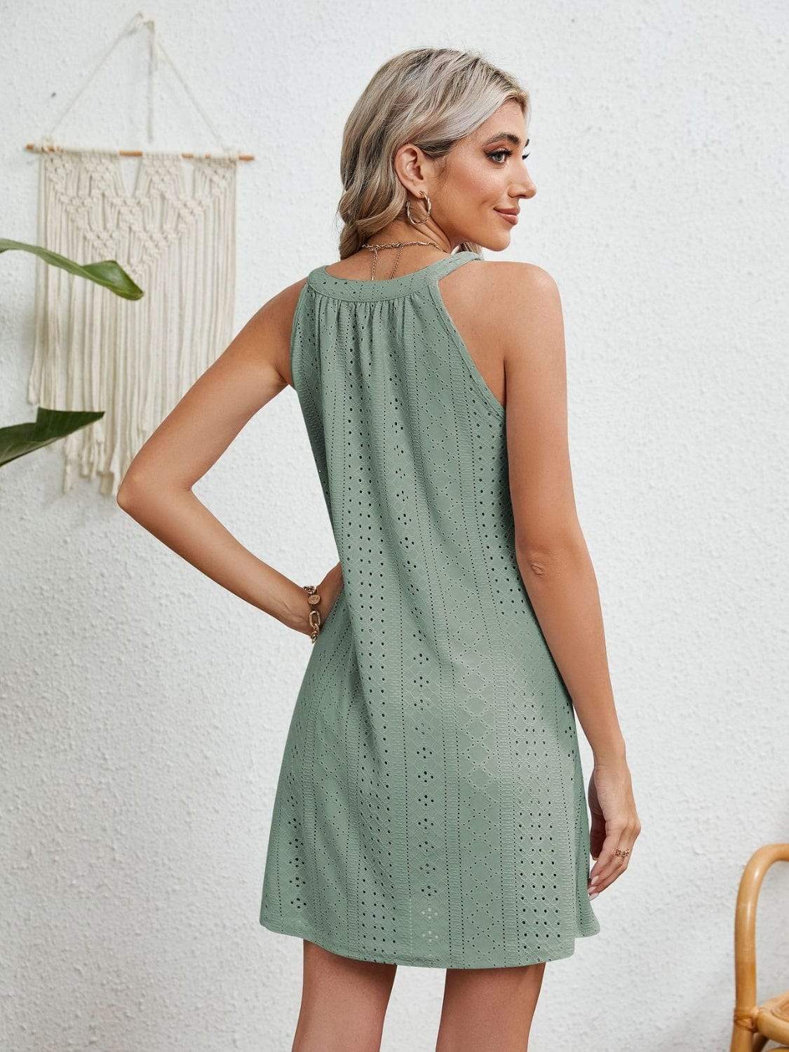 Eyelet Grecian Neck Mini Dress - Trendsi - Flyclothing LLC