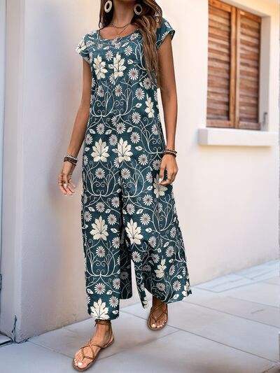 Perfee Printed Round Neck Cap Sleeve Wide Leg Jumpsuit - Trendsi - Flyclothing LLC