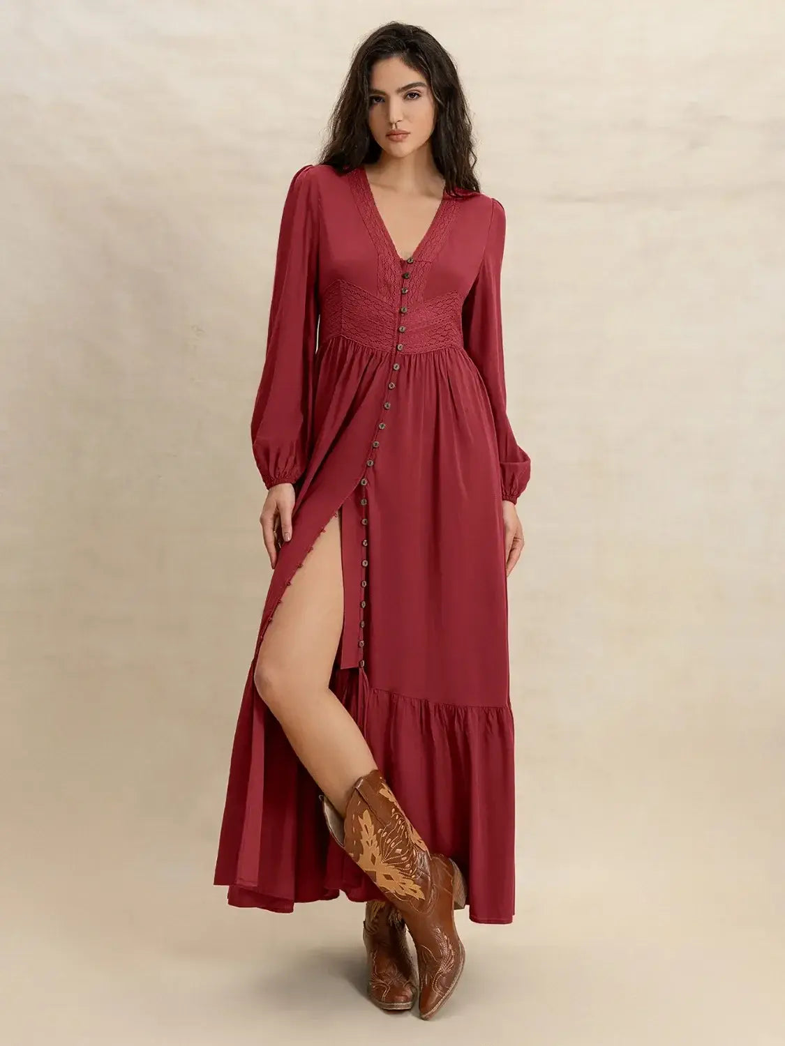 V-Neck Balloon Sleeve Ruffled Hem Maxi Dress - Trendsi - Flyclothing LLC