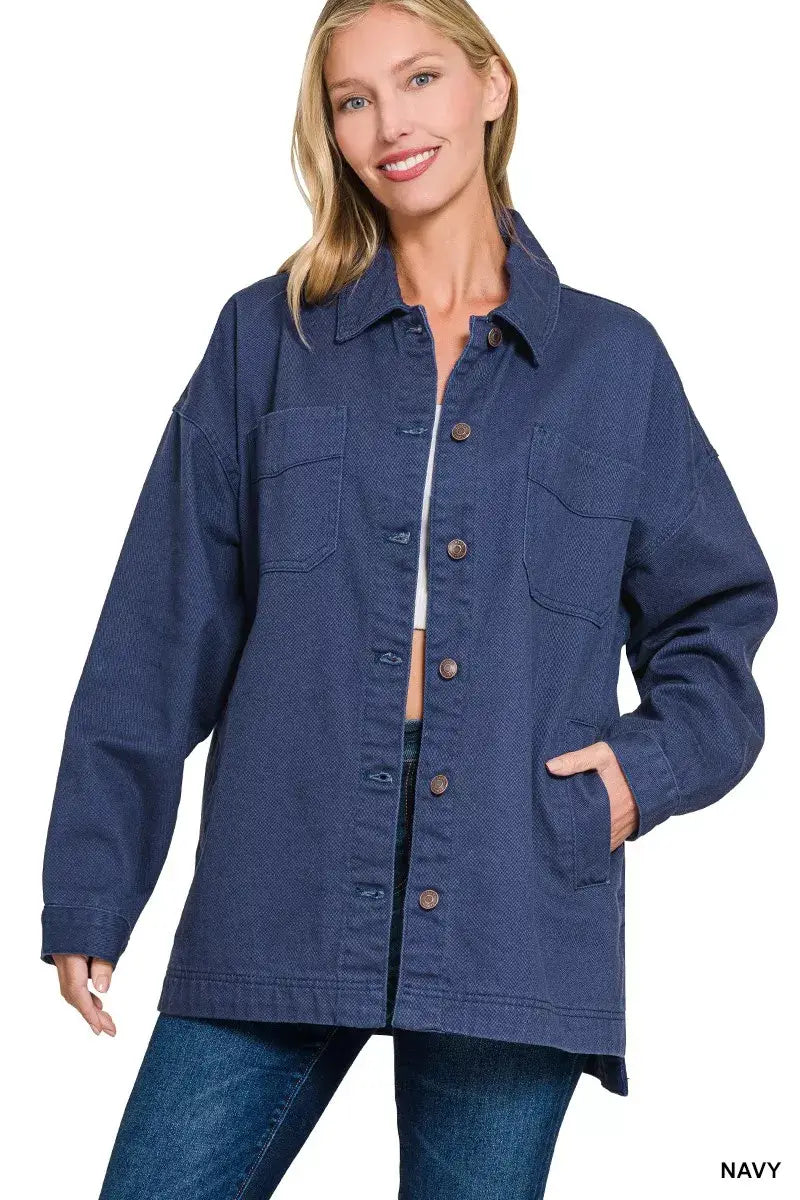 Zenana Oversized Collared Neck Button Front Shackets - Trendsi - Flyclothing LLC