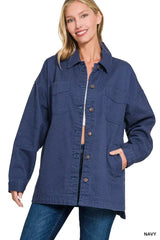 Zenana Oversized Collared Neck Button Front Shackets - Trendsi - Flyclothing LLC