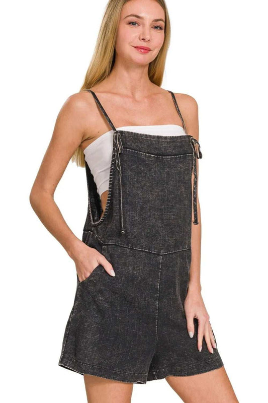 Zenana Washed Linen Knot Strap Rompers - Trendsi - Flyclothing LLC