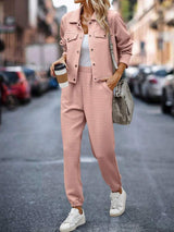 Plaid Texture Snap Down Top and Pants Set - Trendsi - Flyclothing LLC