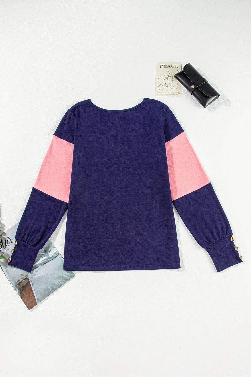 Color Block V-Neck Long Sleeve Top - Trendsi - Flyclothing LLC