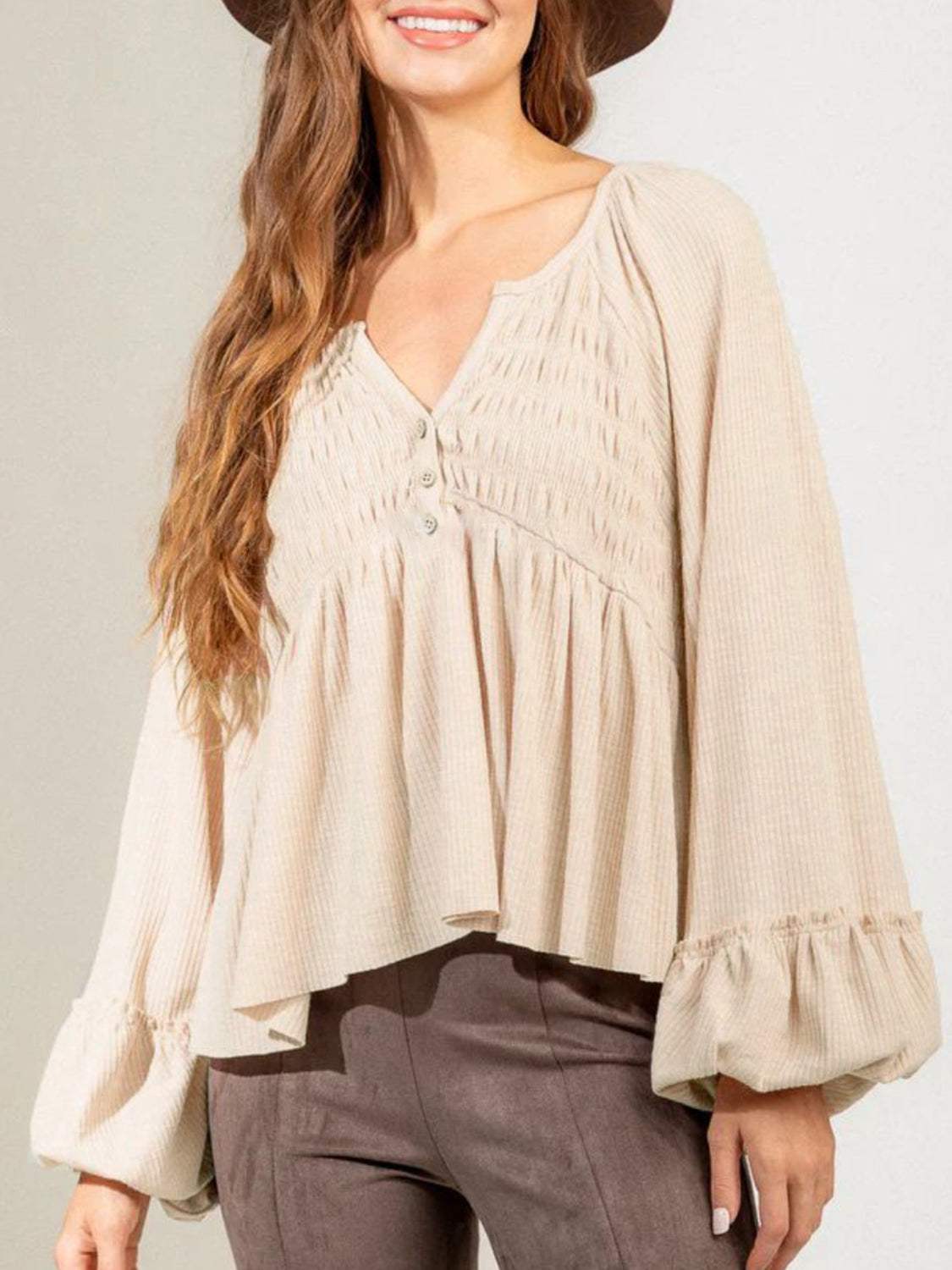 Notched Balloon Sleeve Peplum Blouse - Trendsi - Flyclothing LLC
