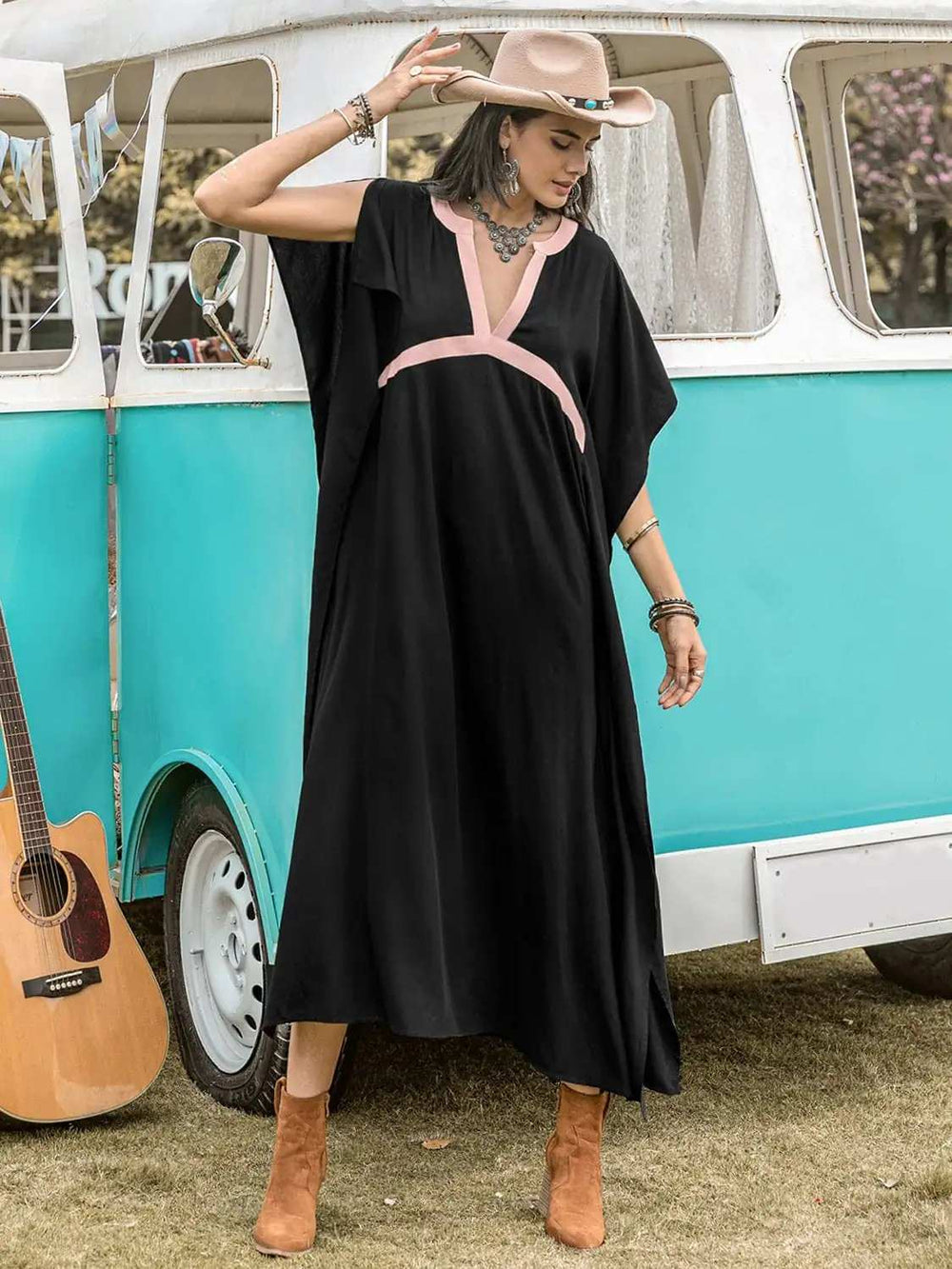 Contrast Trim Notched Slit Short Sleeve Midi Dress - Trendsi - Flyclothing LLC