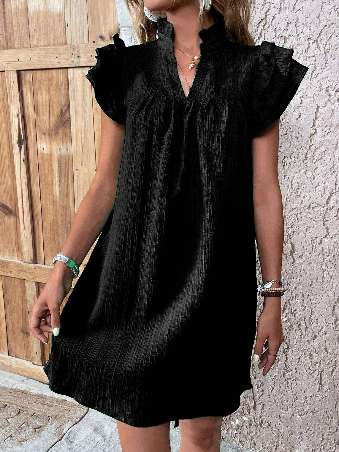 Ruffled Notched Cap Sleeve Mini Dress - Trendsi - Flyclothing LLC