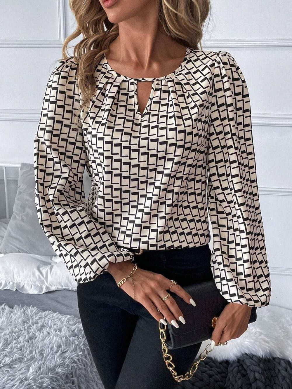 Cutout Printed Long Sleeve Blouse - Trendsi - Flyclothing LLC