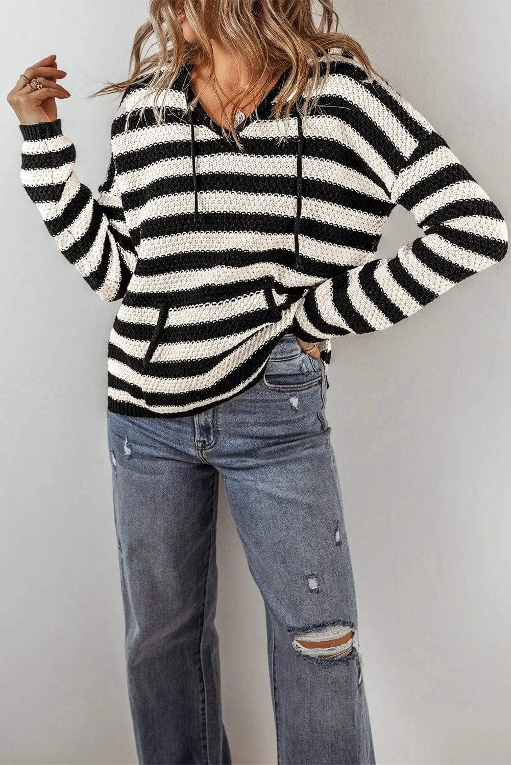 Drawstring Striped Long Sleeve Hooded Sweater - Trendsi - Flyclothing LLC