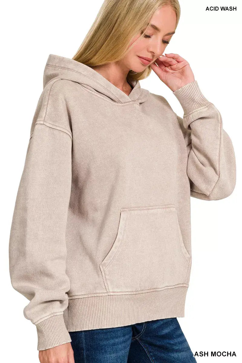 Zenana Fleece Acid Wash Kangaroo Pocket Hoodie - Trendsi - Flyclothing LLC