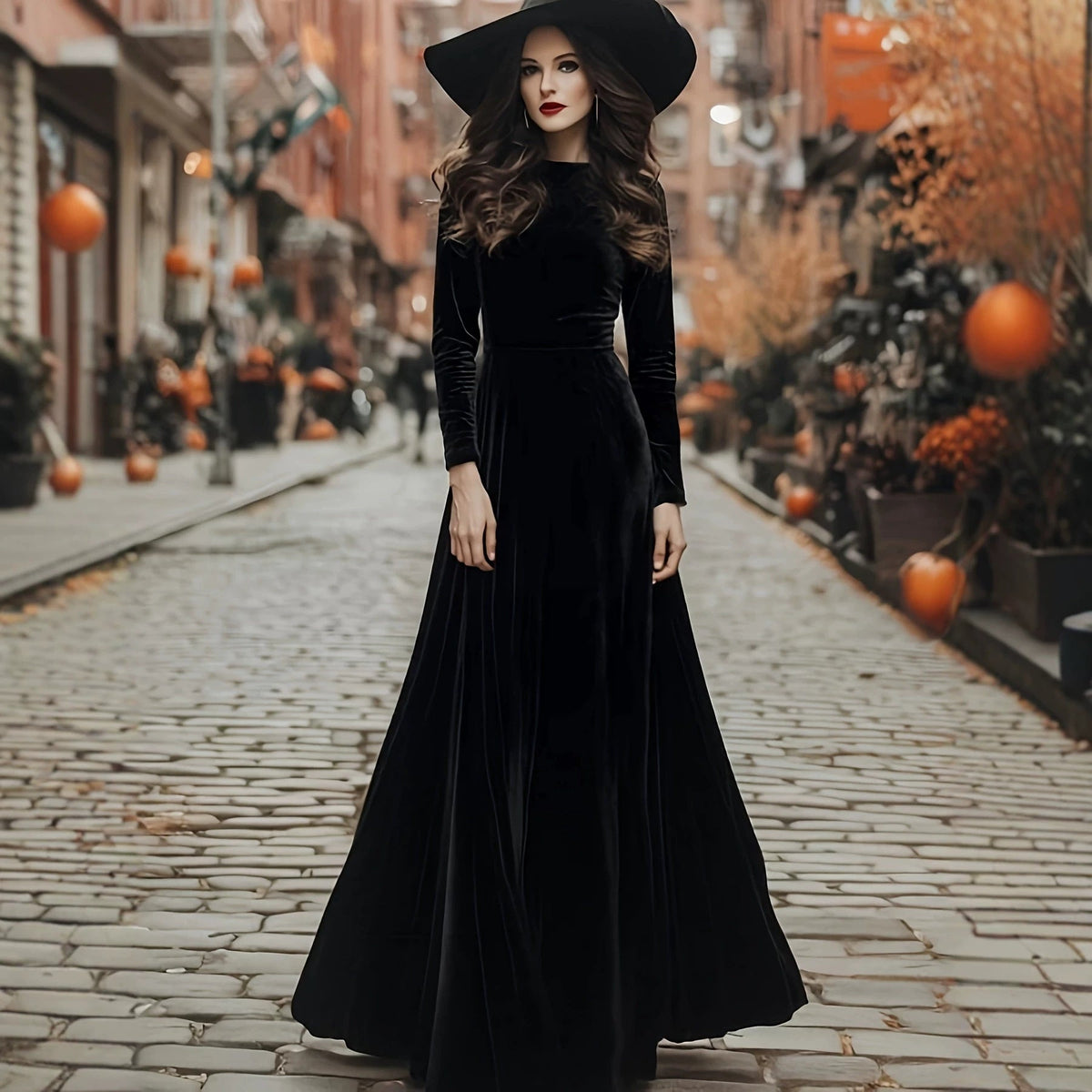 Women's Halloween Long-sleeve Long Velvet Dress