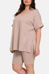 Zenana Full Size V-Neck Short Sleeve Slit T-Shirt and Shorts Set - Trendsi - Flyclothing LLC