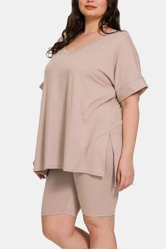 Zenana Full Size V-Neck Short Sleeve Slit T-Shirt and Shorts Set - Trendsi - Flyclothing LLC