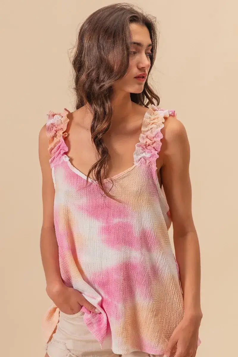 BiBi Tie Dye Printed Textured Woven with Ruffled - Trendsi - Flyclothing LLC
