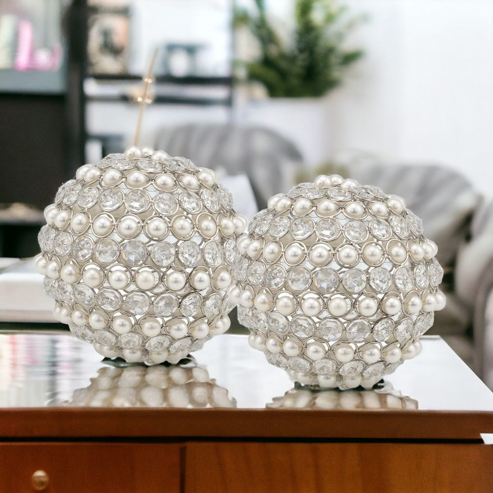 Set Of Two 4" Silver And Clear Faux Crystal Decorative Orbs - Homeroots - Flyclothing LLC