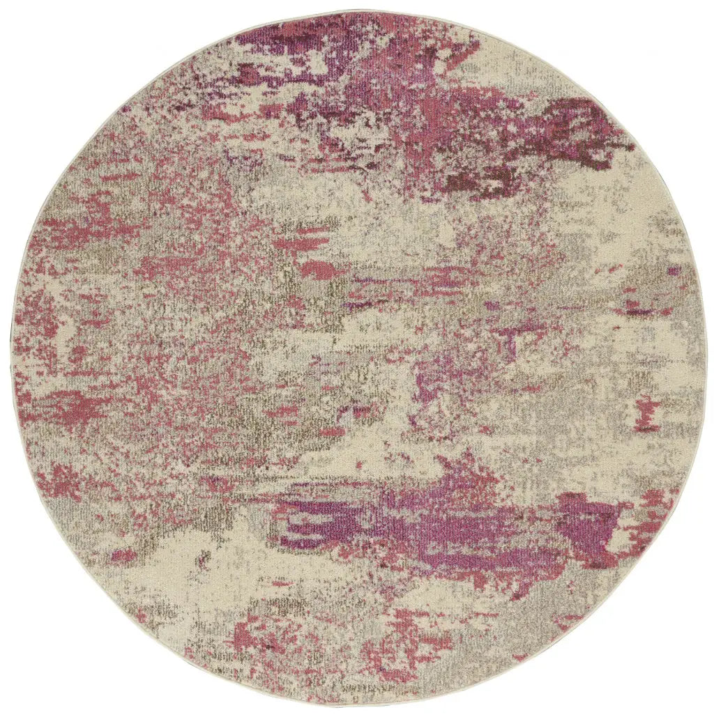 5' X 5' Ivory And Pink Round Abstract Power Loom Non Skid Area Rug - Homeroots - Flyclothing LLC