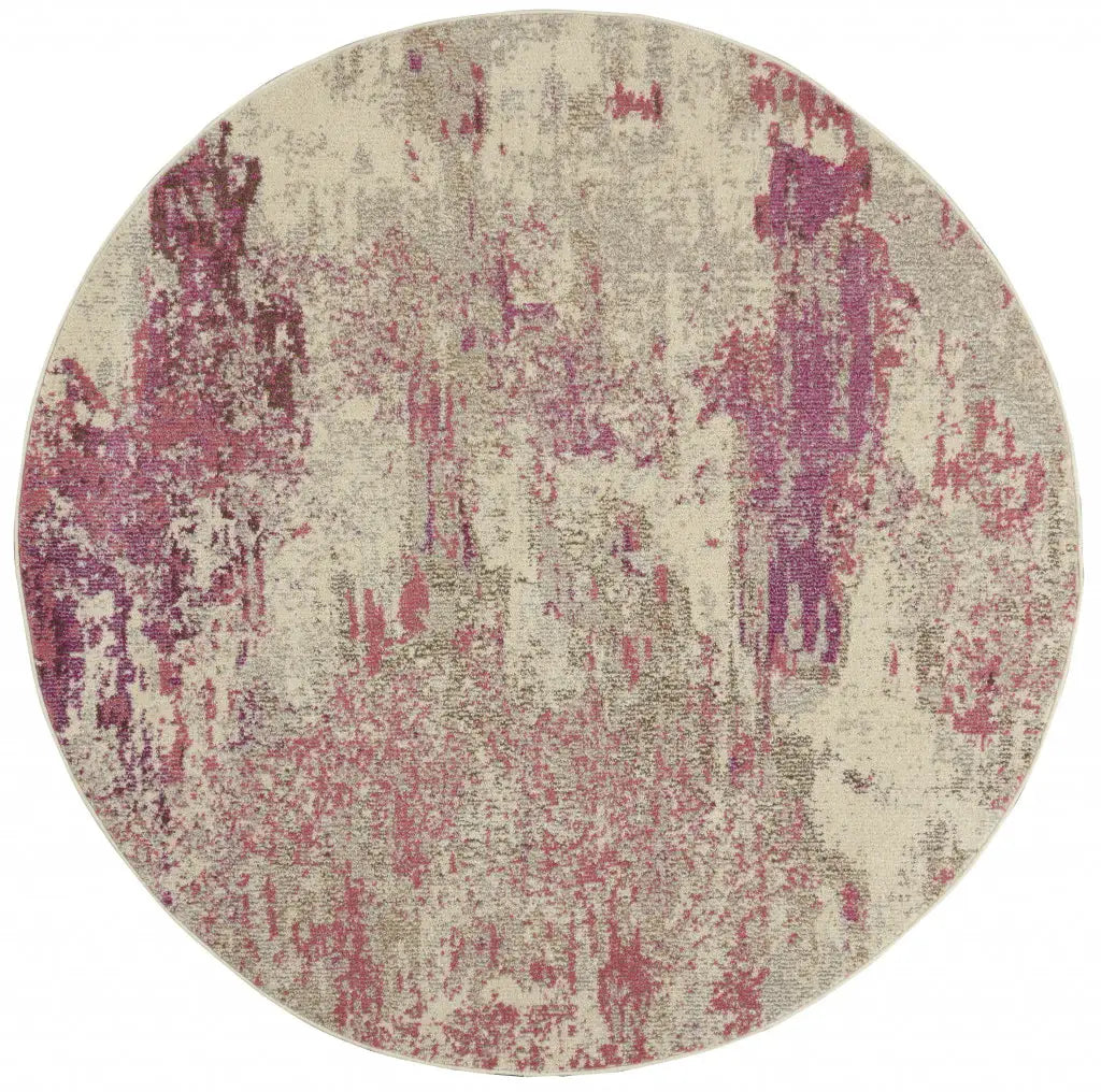 8' X 8' Ivory And Pink Round Abstract Power Loom Non Skid Area Rug - Homeroots - Flyclothing LLC