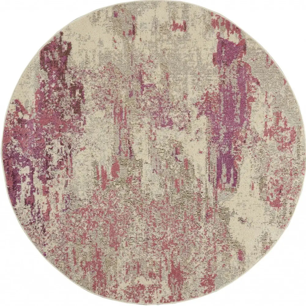 8' X 8' Ivory And Pink Round Abstract Power Loom Non Skid Area Rug - Homeroots - Flyclothing LLC
