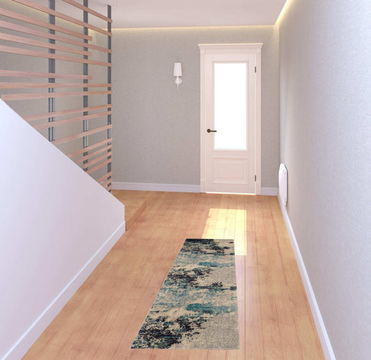 2' X 6' Ivory And Teal Blue Abstract Power Loom Non Skid Runner Rug - Homeroots - Flyclothing LLC