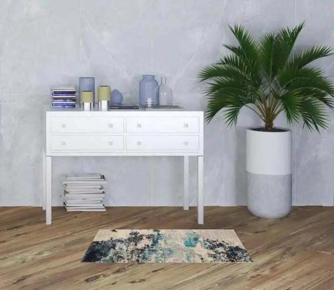 2' X 4' Ivory And Teal Blue Abstract Power Loom Non Skid Area Rug - Homeroots - Flyclothing LLC