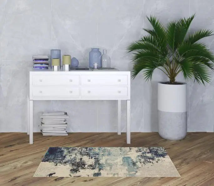 3' X 5' Ivory And Teal Blue Abstract Power Loom Non Skid Area Rug - Homeroots - Flyclothing LLC