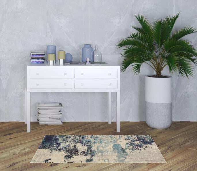 3' X 5' Ivory And Teal Blue Abstract Power Loom Non Skid Area Rug - Homeroots - Flyclothing LLC