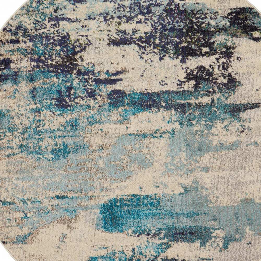 4' X 4' Ivory And Teal Blue Round Abstract Power Loom Non Skid Area Rug - Homeroots - Flyclothing LLC