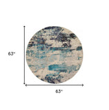 5' X 5' Ivory And Teal Blue Round Abstract Power Loom Non Skid Area Rug - Homeroots - Flyclothing LLC